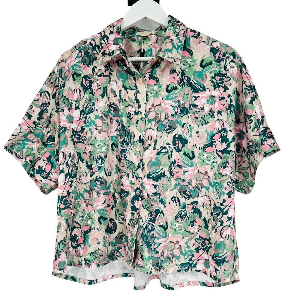 The Korner Button Up High Low Shirt Size M‎ Floral Satin Cropped Boxy S/S NWT